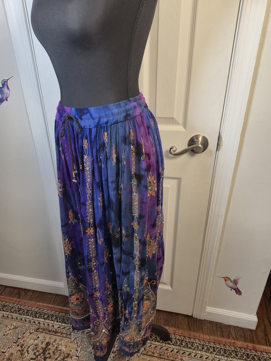 Bohemian Tie Dye Rayon Maxi Skirt with Gold Accents & Sequins - O/S - Picture 4 of 6